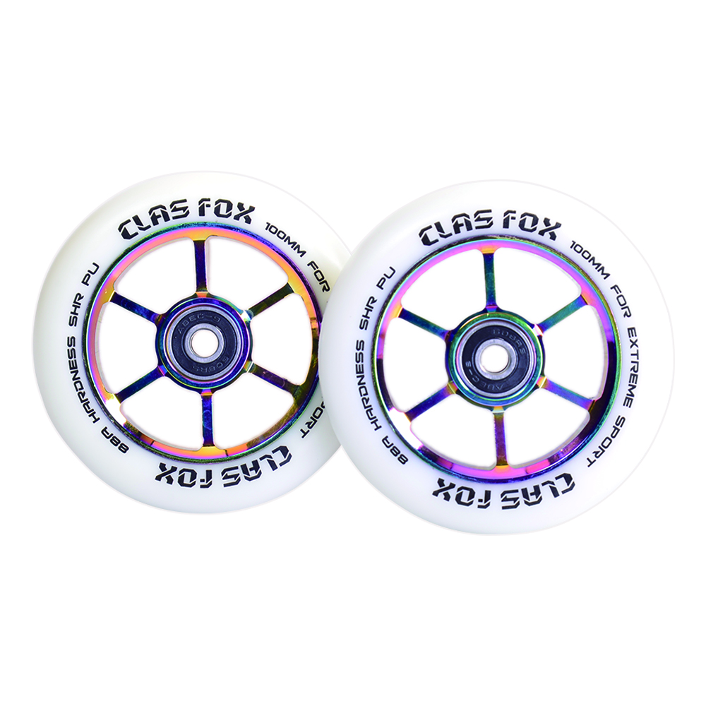 CLAS FOX 100mm One Pair Pro Stunt Scooter Wheels with ABEC-9 Bearings CNC Metal Core Graviti (2pcs) (White PU Rainbow Core)