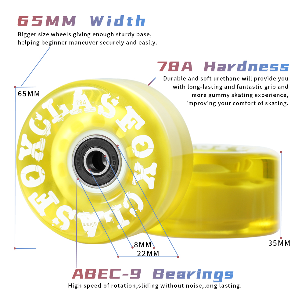 CLAS FOX 78A Indoor or Outdoor 65x35mm Quad Roller Skate Wheels with ABEC-9 Bearings 8 Pcs (Yellow) - Image 3