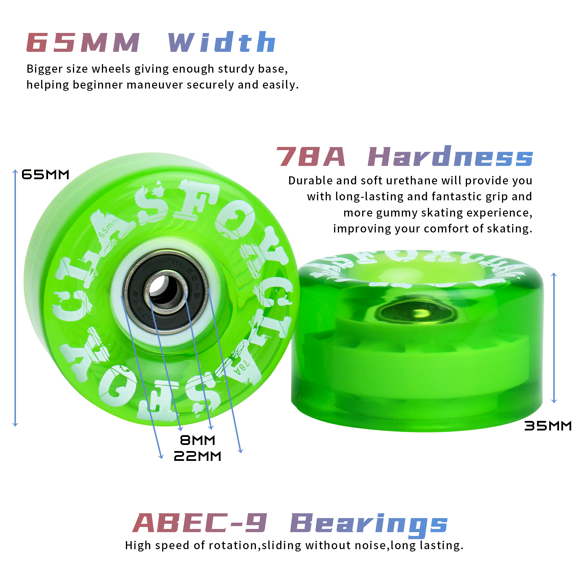 CLAS FOX 78A Indoor or Outdoor 65x35mm Quad Roller Skate Wheels with ABEC-9 Bearings 8 Pcs (Emerald Green) - Image 2