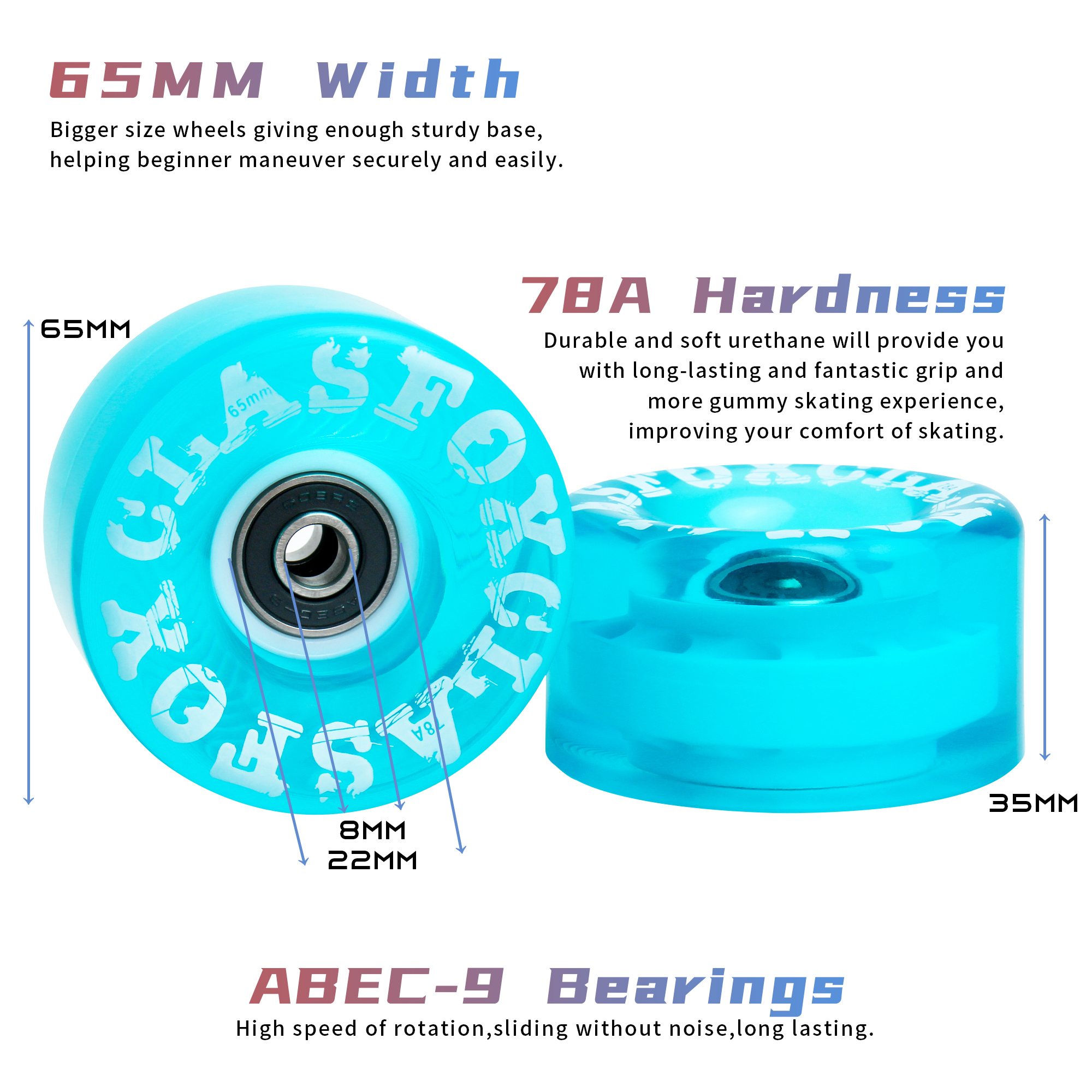 CLAS FOX 78A Indoor or Outdoor 65x35mm Quad Roller Skate Wheels with ABEC-9 Bearings 8 Pcs ( Blue) - Image 2