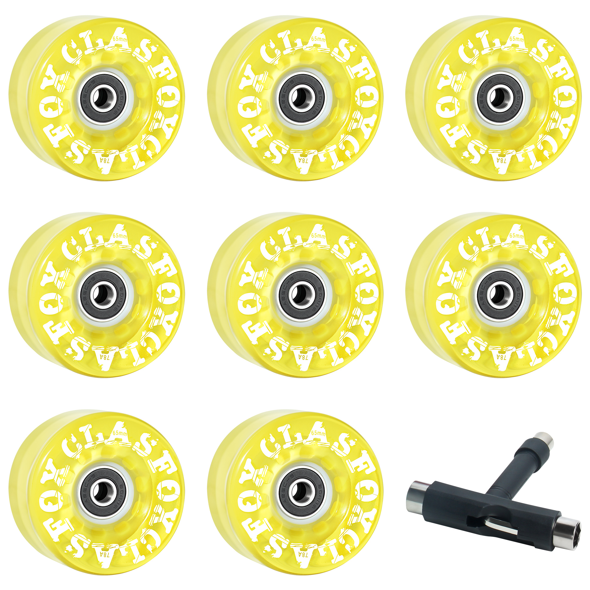 CLAS FOX 78A Indoor or Outdoor 65x35mm Quad Roller Skate Wheels with ABEC-9 Bearings 8 Pcs (Yellow) - Image 2