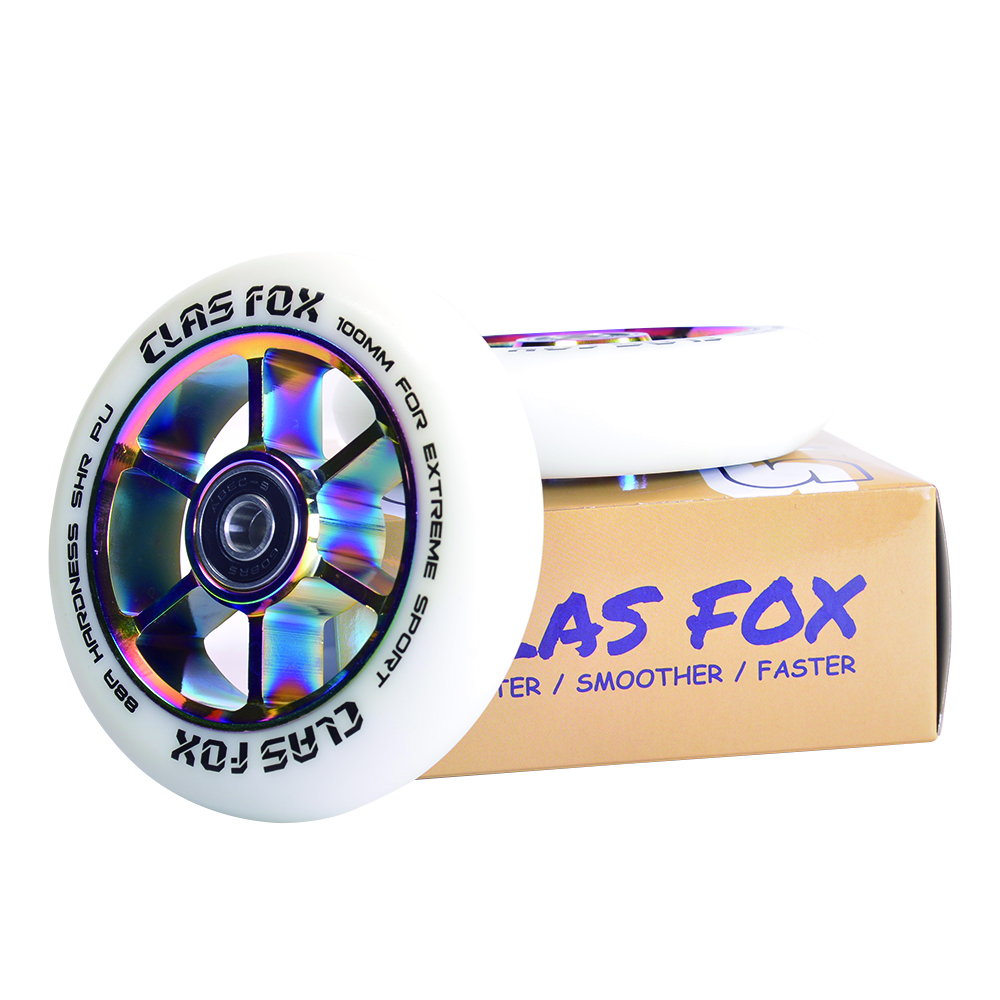 CLAS FOX 100mm One Pair Pro Stunt Scooter Wheels with ABEC-9 Bearings CNC Metal Core Graviti (2pcs) (White PU Rainbow Core) - Image 6