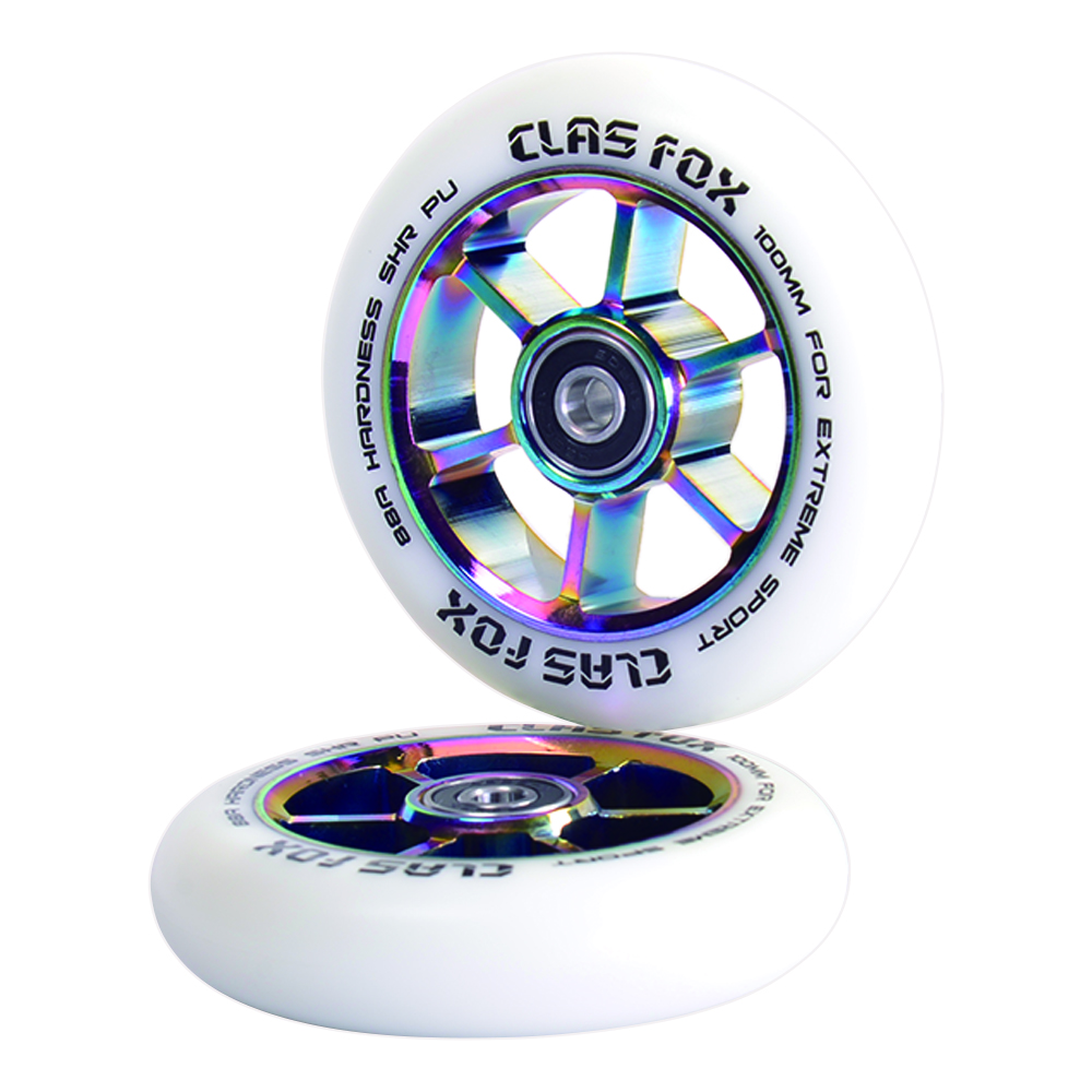 CLAS FOX 100mm One Pair Pro Stunt Scooter Wheels with ABEC-9 Bearings CNC Metal Core Graviti (2pcs) (White PU Rainbow Core) - Image 2