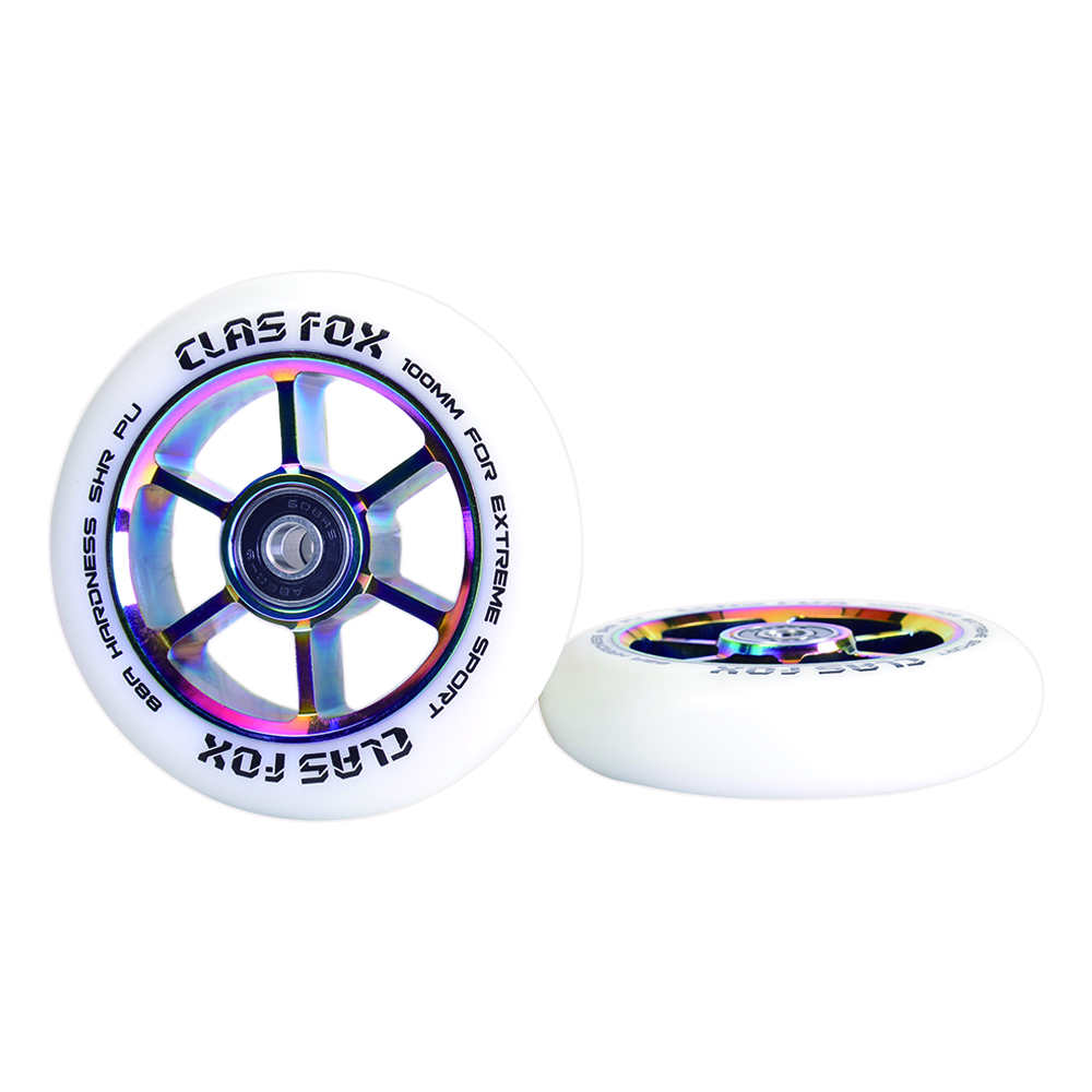 CLAS FOX 100mm One Pair Pro Stunt Scooter Wheels with ABEC-9 Bearings CNC Metal Core Graviti (2pcs) (White PU Rainbow Core) - Image 4