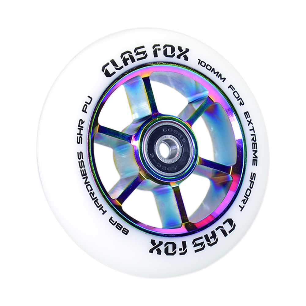 CLAS FOX 100mm One Pair Pro Stunt Scooter Wheels with ABEC-9 Bearings CNC Metal Core Graviti (2pcs) (White PU Rainbow Core) - Image 5