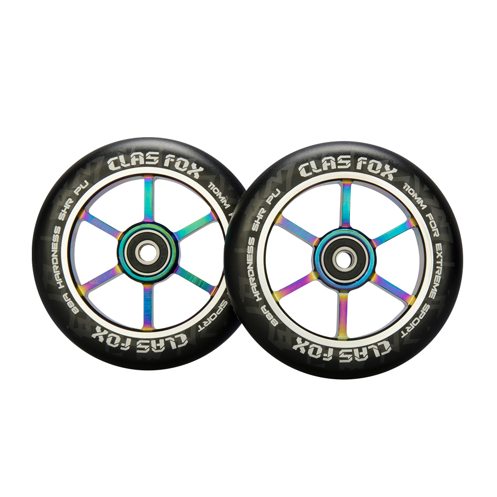 CLAS FOX 110mm One Pair Pro Stunt Scooter Wheels with ABEC-9 Bearings CNC Metal Core (2pcs) (Black PU Rainbow Core)