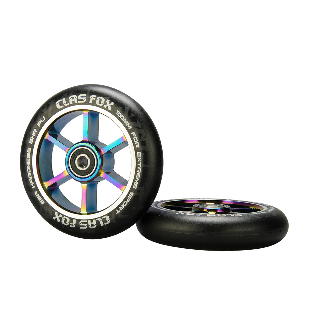 CLAS FOX 100mm One Pair Pro Stunt Scooter Wheels with ABEC-9 Bearings CNC Metal Core Graviti (2pcs) (Black PU Rainbow Core) - Image 4
