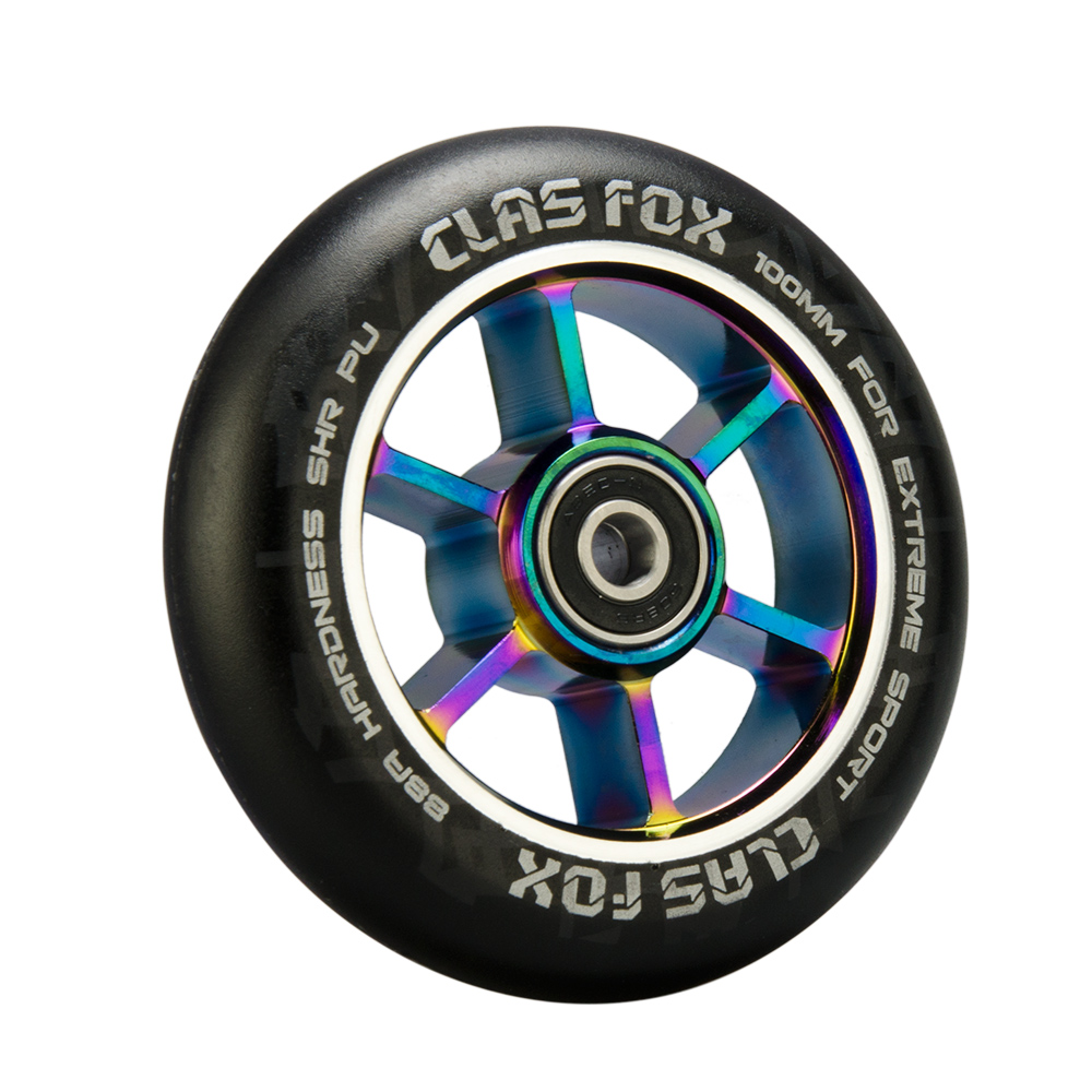 CLAS FOX 100mm One Pair Pro Stunt Scooter Wheels with ABEC-9 Bearings CNC Metal Core Graviti (2pcs) (Black PU Rainbow Core) - Image 5