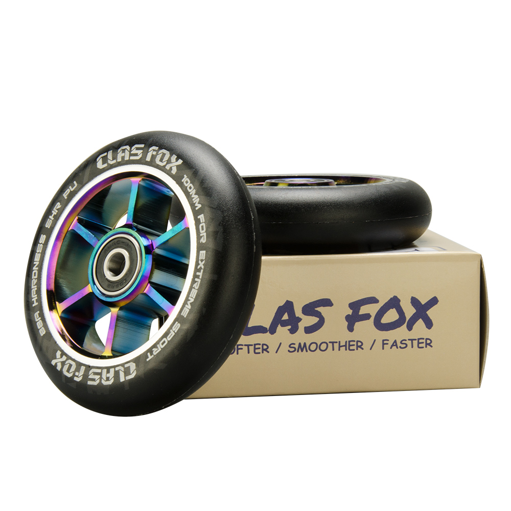 CLAS FOX 100mm One Pair Pro Stunt Scooter Wheels with ABEC-9 Bearings CNC Metal Core Graviti (2pcs) (Black PU Rainbow Core) - Image 6