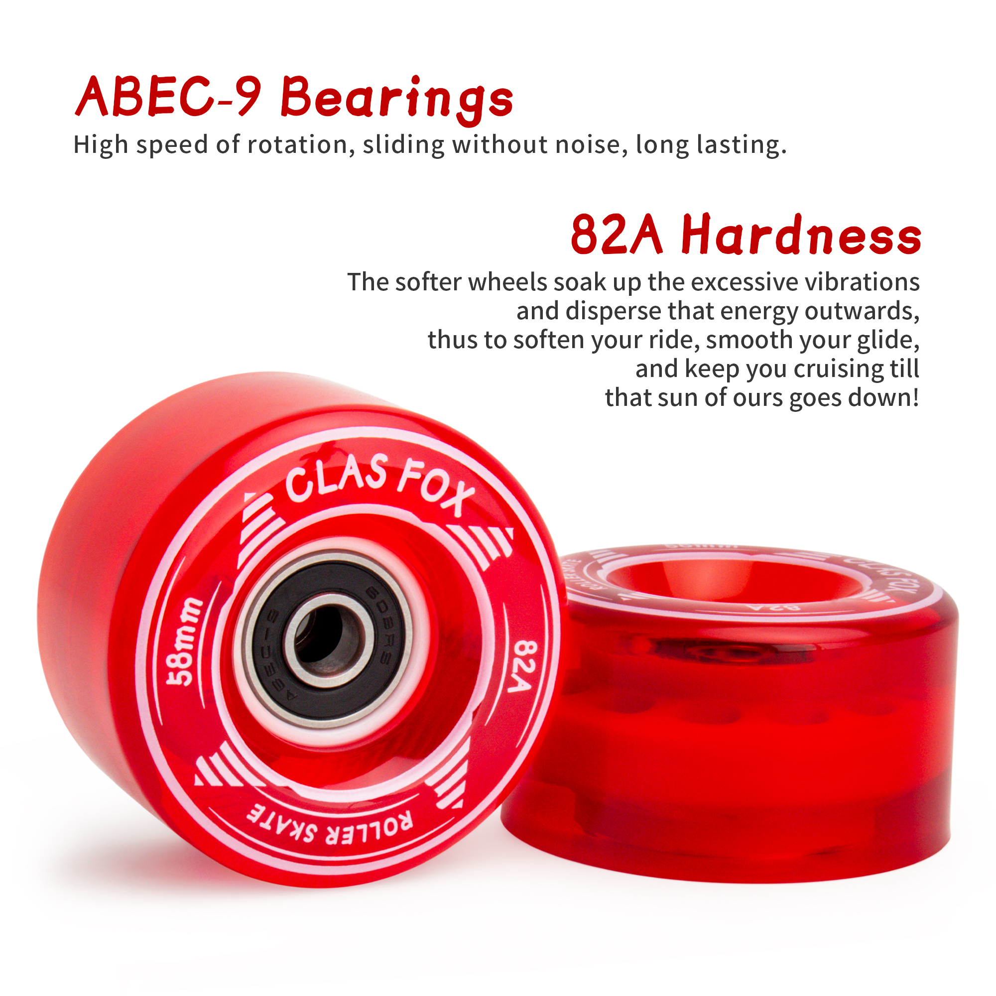 CLAS FOX Roller Skate Wheels Outdoor or Indoor 58mm32mm 82A Replacement Accessories Suitable for Outdoor or Indoor (Set of 8) (Red) - Image 3