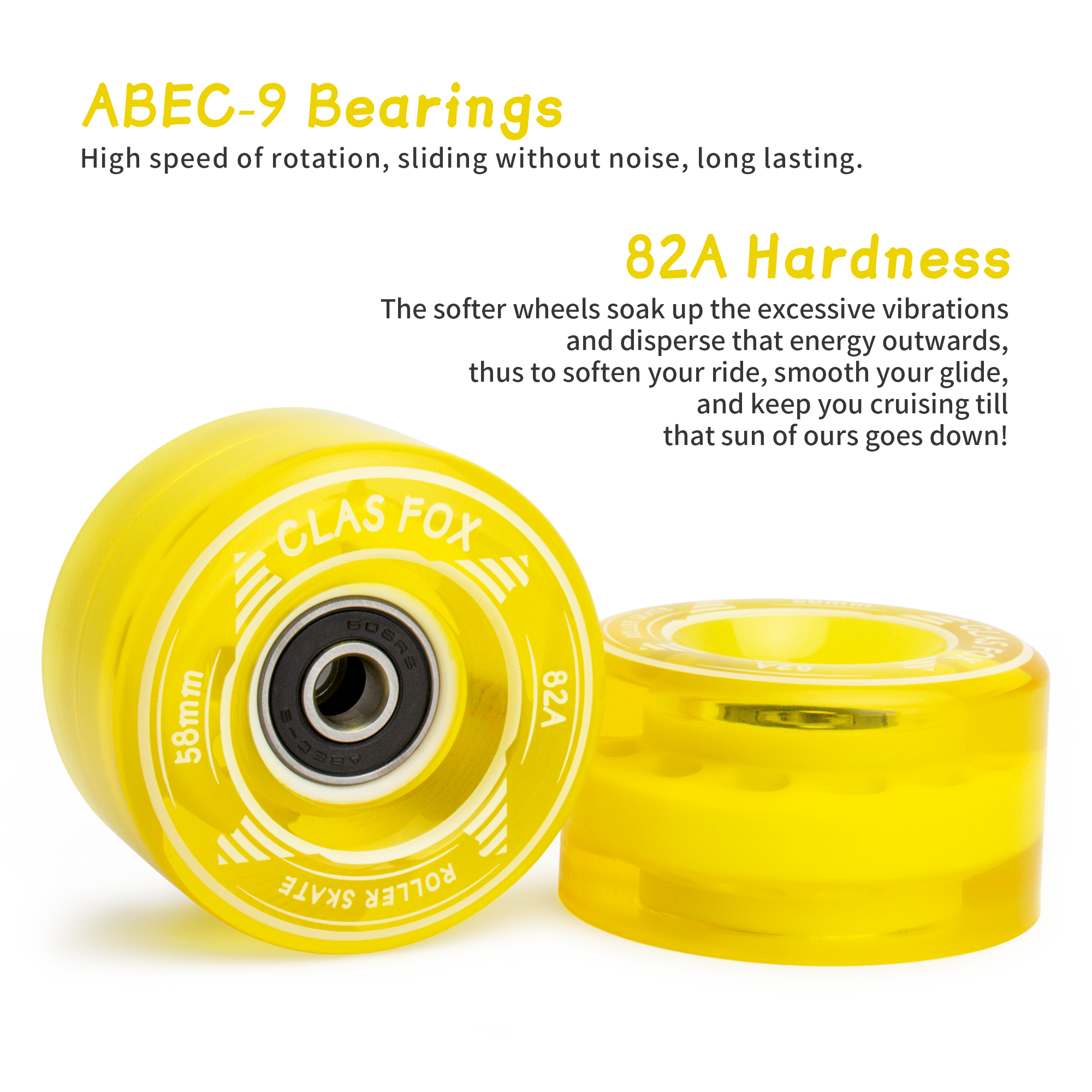 CLAS FOX Roller Skate Wheels Outdoor or Indoor 58mm32mm 82A Replacement Accessories Suitable for Outdoor or Indoor (Set of 8) (Yellow) - Image 3