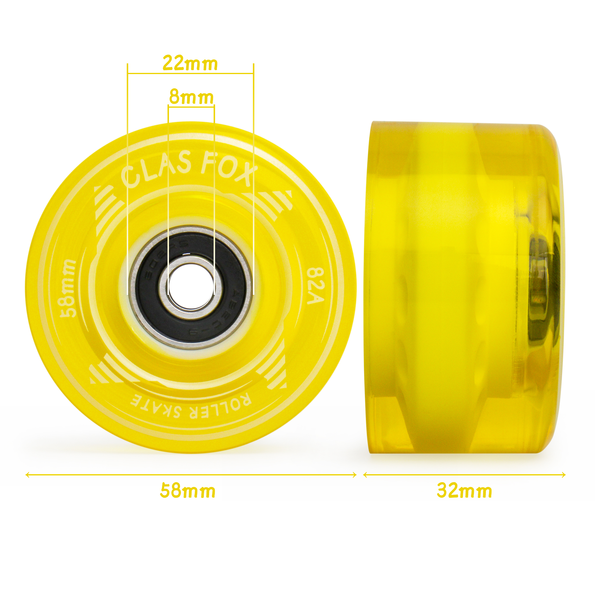 CLAS FOX Roller Skate Wheels Outdoor or Indoor 58mm32mm 82A Replacement Accessories Suitable for Outdoor or Indoor (Set of 8) (Yellow) - Image 2